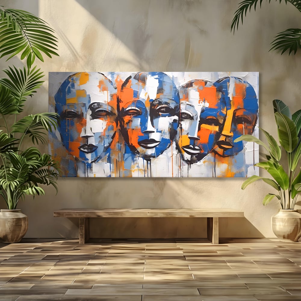 Tablou canvas cu tablou canvas cu trei masti stilizate, fara rama, pe sasiu de lemn